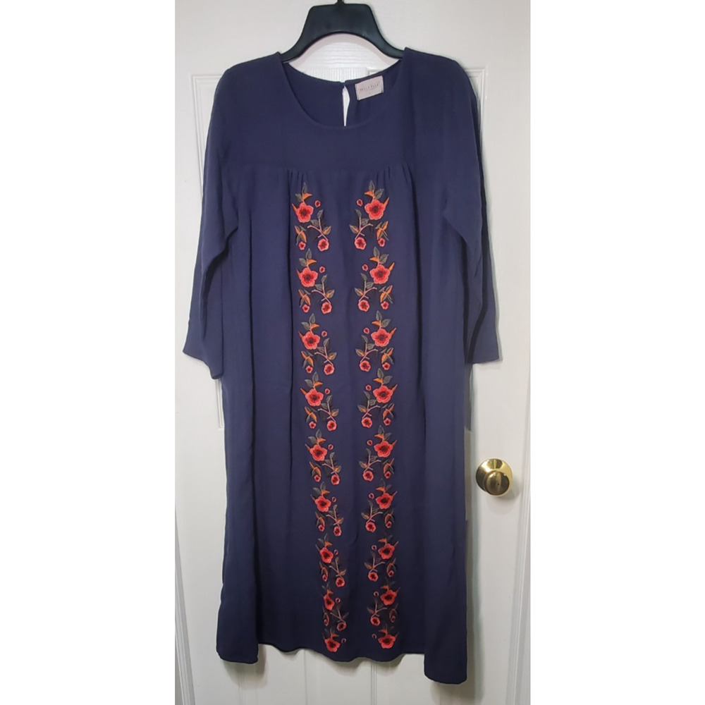 Bella Ella Women’s Navy Embroidered Midi Dress Size L Rayon Blend Boho Peasant
